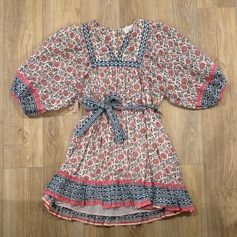 Cleobella Floral Boho Puff-Sleeve Dress in Pink and Navy